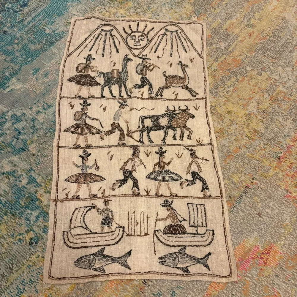 Vintage Folk Art Embroidery Peruvian Wall Hanging Made in Peru Artisan Handmade